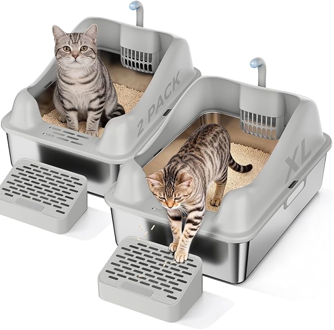 GTPLAYER Stainless Steel Litter Box for Big & Multiple Cats, EasyClean Odor-Resistant Design, High Sided Leak-Proof Litter Box withMat 8 Scoop- Grey 2 Pack