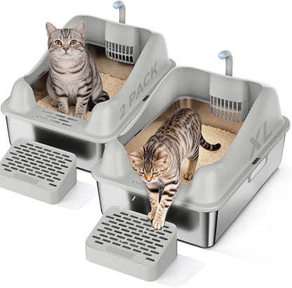 GTPLAYER Stainless Steel Litter Box for Big & Multiple Cats, EasyClean Odor-Resistant Design, High Sided Leak-Proof Litter Box withMat 8 Scoop- Grey 2 Pack