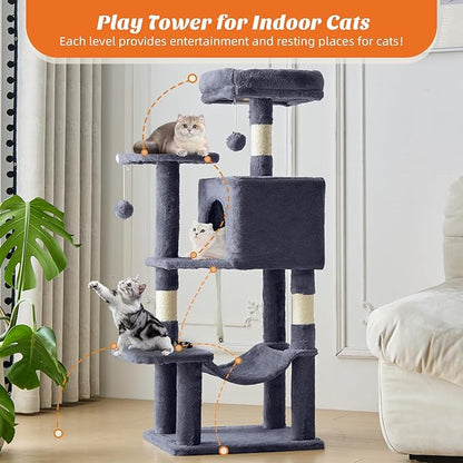 DUMOS Small 44 Inch Cat Tree Tower, Cat Climbing Tower with Natural Sisal Scratching Posts, Hammock, Pet Condo for Indoor Cats and Kittens Play, Dark Grey
