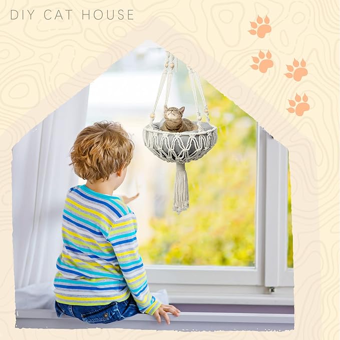 Juexica 3 Pcs Macrame Cat Hammock, Including Hanging Kitten Bed Scratcher Scratch Pad Swing Bed for Small Cat Small Dog(40 x 12 Inch,Cute Style)