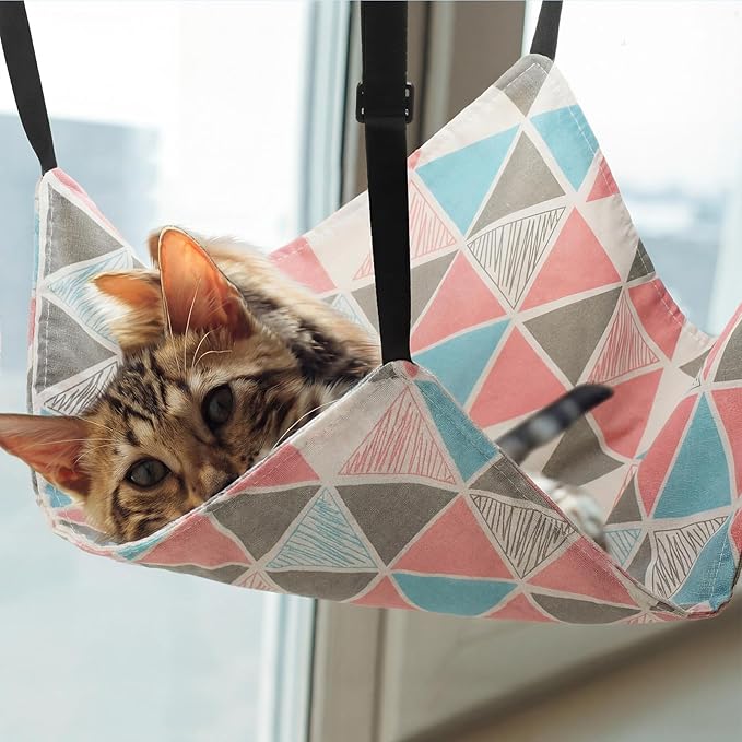 Jetec 2 Pack Cat Hammock for Cage, Catio Accessories Reversible Soft Cats Bed with Adjustable Straps and Hooks Double-Sided Linen and Fleece Hanging Hammock for Cats, Kitten(Geometry Pattern,L)