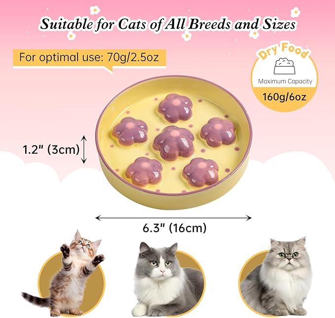 Ceramic Cat Slow Feeder Bowl - 6 OZ Puzzle Food Dish for Healthy Eating - Shallow Wide Whisker Friendly - Dishwasher Safe - 6.3''W x 1.2''H - 6 OZ - Light Purple Flower