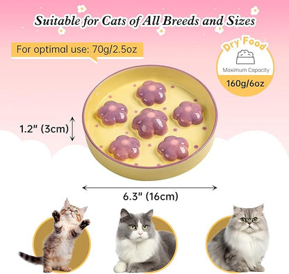 Ceramic Cat Slow Feeder Bowl - 6 OZ Puzzle Food Dish for Healthy Eating - Shallow Wide Whisker Friendly - Dishwasher Safe - 6.3''W x 1.2''H - 6 OZ - Light Purple Flower
