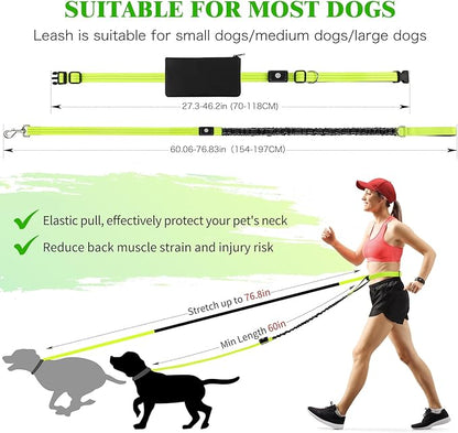 LED Hands Free Dog Leash, Waist Leash for Dog Walking, Retractable Bungee Light Up Dog Leash, LED Handless Dog Running Leash, Reflective Running Leash for Jogging Training Hiking (Green)