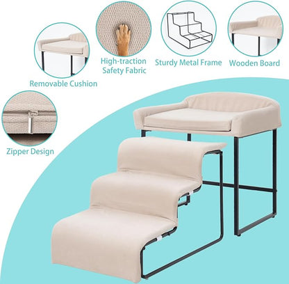 Dog Window Perch with Stairs,Pet Steps for Small Dogs &Cat,Pet Bunk Bed Dog Steps with Seat Elevated Platform Bed Indoor Dogs Ramp Ladder with Foam Upholstery