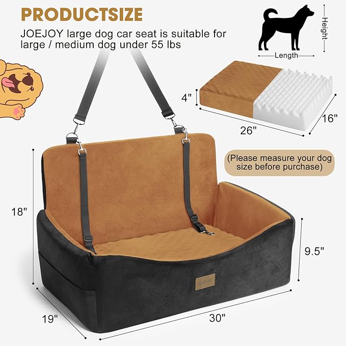 Dog Car Seat for Large Medium Sized Dogs Under 55 lbs, Dog Booster Seat for 2 Small Dogs with Detachable Washable Cover and Cushion, Memory Foam Pet Car Seat with 2 Safety Belts and Storage Pockets