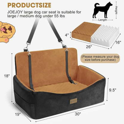 Dog Car Seat for Large Medium Sized Dogs Under 55 lbs, Dog Booster Seat for 2 Small Dogs with Detachable Washable Cover and Cushion, Memory Foam Pet Car Seat with 2 Safety Belts and Storage Pockets
