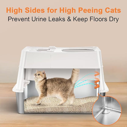 URPOWER Stainless Steel Cat Litter Box with Lid Extra Large Enclosed Litter Box for Cats Non-Sticky Metal Pan with High Sided Enclosure & Scoop, Front & Top Entry, Anti-Leakage, Easy Cleaning