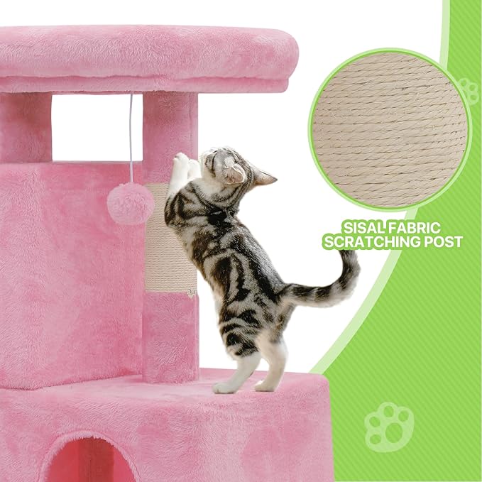 Magshion 34" Cat Tree Tower for Indoor Cats, Multi-Level Cat Condo with Extra Large Perch, Scratching Post and Sisal Ramp, Climbing Stand for Indoor Cats and Kittens, Soft Pink