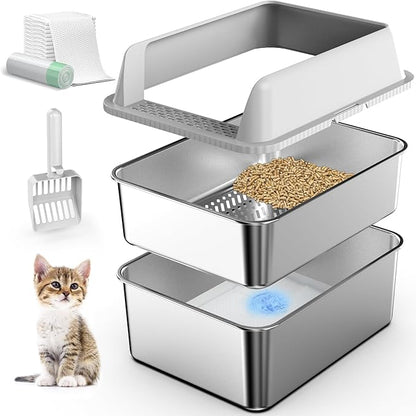 2PK Stainless Steel Litter Box with Lid, High Sided Sifting Litter Boxes for Pine Pellets, 17.3"x13.4"x10.5" Enclosed Metal Litter Box for Small Cats & Multi‑Cat Homes, Anti-Leakage, Easy Cleaning