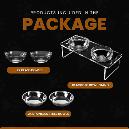 Elevated Dog Bowls for Medium Dogs – 5.5” Acrylic Raised Pet Feeder Stand with 2 Stainless Steel & 2 Glass Removable Bowls – Food & Water Dish Set