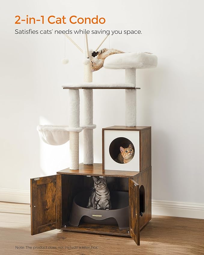 Feandrea Cat Tree with Litter Box Enclosure, 59-Inch Modern Cat Tower, 2-in-1 Condo with Scratching Posts, Washable Removable Cushion, Rustic Brown UPCT113X01