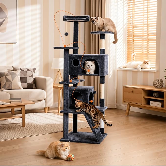 DUMOS 62-inch Indoor Cat Tree Tower –Multi-Level Pet House for Large Cats with 2 Condos, Scratching Posts, Round Platform, Small Ladder, and Toys, Grey