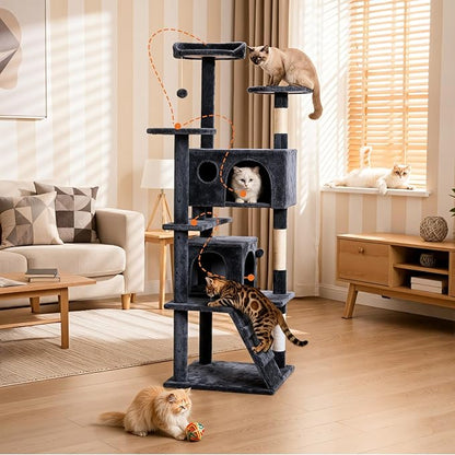 DUMOS 62-inch Indoor Cat Tree Tower –Multi-Level Pet House for Large Cats with 2 Condos, Scratching Posts, Round Platform, Small Ladder, and Toys, Grey
