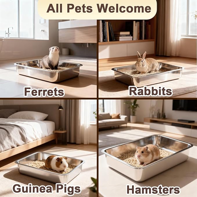 Low Entry Stainless Steel Cat Litter Box for Senior Cats, Metal Shallow Litter Box, Easy Access Kitty Litter Pan Tray, Pet Bathroom Accessories-17.72''Lx 13.78'' W x2.76'' H