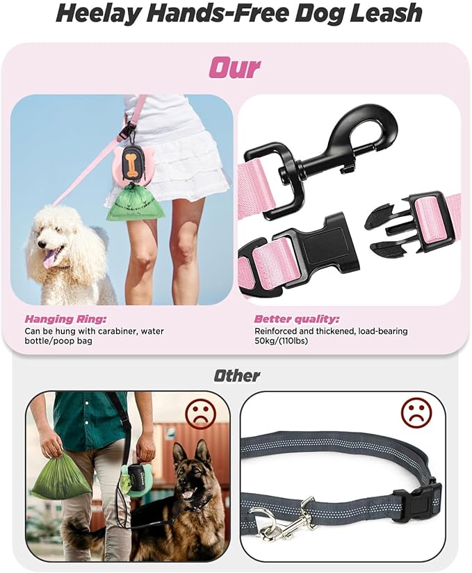 Hands Free Dog Leash, 8.2ft Multifunctional Crossbody Rope with Explosion-Proof Handle and Adjustable Training Hands Free Leash for Medium/Large Dogs Walking,Light Pink