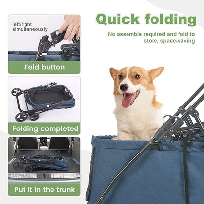 20% Larger Capacity Dog Stroller, Wedyvko Pet Strolling for Medium Dogs w/Dog Poop Bags & Dispenser, Storage Pouch, Zipperless, Entry in/Out Easy, Cat Stroller Universal (Navy Bule)
