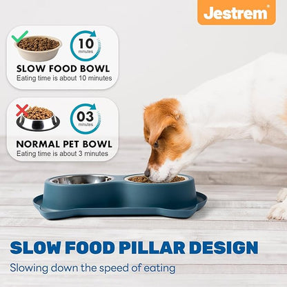Slow Feeder Dog Bowls with Non-Slip Mat, 3-in-1 Stainless Steel Bowl Slow Feeder Prevents Gulping, Paired with Weighted Base Water Dog Bowls for Large Medium Small Breed Size Dogs and Cats