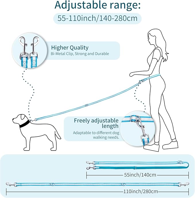 Hands Free Dog Leash, 4.25FT - 9FT Multifunctional Crossbody Waist Leash for Dogs Walking Reflective Running Dog Leashs for Medium and Large Dogs Walking,Jogging,Running,Training (Blue)