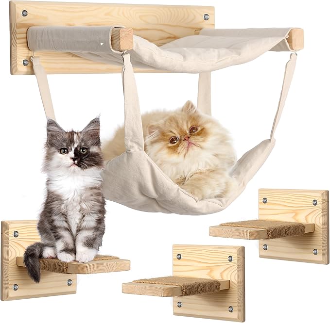 Wall-Mounted Cat Furniture with Double Hammock & Sisal Steps – Vertical Multi-Level Activity Center for Cats – Cozy Indoor Climbing Shelf, Perch, Playground & Scratching Steps