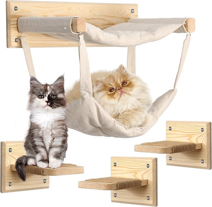 Wall-Mounted Cat Furniture with Double Hammock & Sisal Steps – Vertical Multi-Level Activity Center for Cats – Cozy Indoor Climbing Shelf, Perch, Playground & Scratching Steps