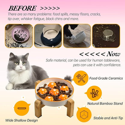 Elevated Slow Feeder Cat Bowl - Maze Puzzle Cat Food Dish with Bamboo Stand, Anti-Slip - Raised Base for Comfortable Eating - 6 OZ - Bright Orange Flower