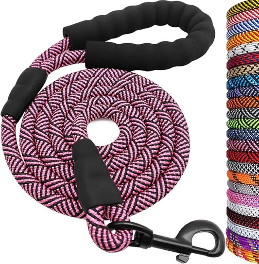 MayPaw Heavy Duty Rope Dog Leash, 3/4/5/6/7/8/10/12/15 FT Nylon Pet Leash, Soft Padded Handle Thick Lead Leashes for Large Medium Dogs (Pink Black, 1/2" * 8')
