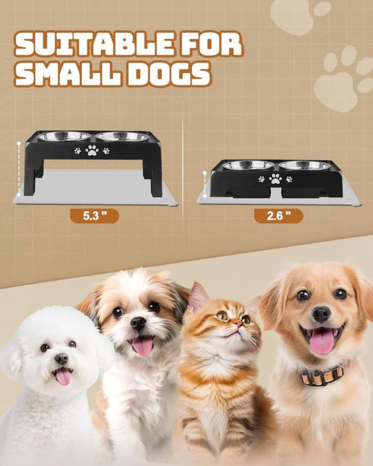 Elevated Dog Bowls for Small Dogs and Cats with Mat, Non-Slip Cat Bowls with 2 Thick 5.5" Stainless Steel Dishes, Dog Feeder 2 Heights Adjustable to 2.6"-5.3"