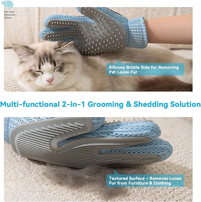 Pet Hair Remover Glove for Dogs & Cats, Upgraded Reusable 5-Finger, Gentle Deshedding Grooming Brush, Pet Hair Removal Tool for Furniture, Couch, Carpet, Car Seats | Sky Blue