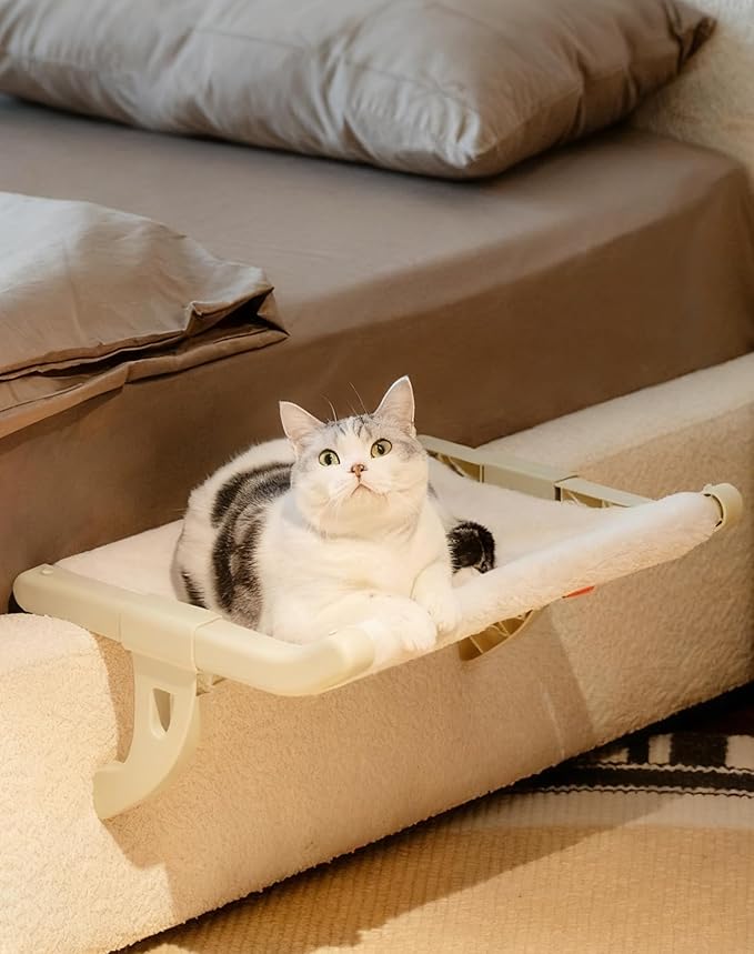 Cat Bedside Hammock – Premium Cat Bed & Window Perch Holds up to 50lbs, One-Step Sliding Clamping Slot Adjustment Cats Hammock