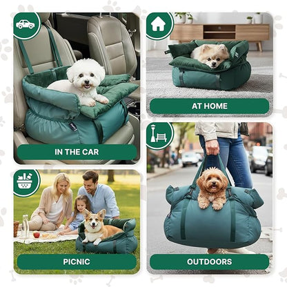 BurgeonNest Dog Car Seat for Small Dogs, Calm Blue Pet Car Bed Under 25 lbs, Soft Booster Fully Detachable and Washable Cat Carseats with Storage Pockets and Clip-On Leash Portable Travel Carrier