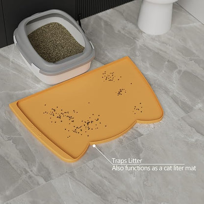 OHMO Dog Food Mat(Honey, 24 * 15'') w/Residue Collection Pocket Silicone Pet Feeding Mat for Floor High Edges Anti Spills Waterproof Cat Water Bowl Tray, Easy Clean Placemat