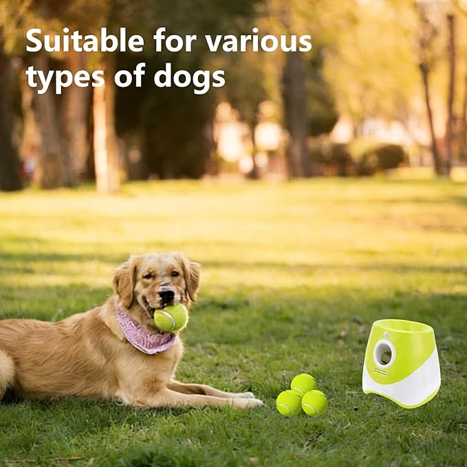 Automatic Dog Ball Launcher for Small to Medium Dogs - Hands-Free Interactive Fetch Toy, 3 Adjustable 10-30Ft Distance, 9 Pcs 2 Inch Eco-Friendly Dog-Safe Mini Tennis Balls. (Green)