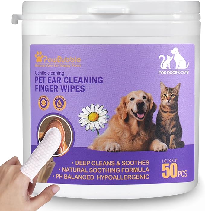 Ear Wipes for Dogs and Cats, Dog Ear Finger Wipes, Gentle Ear Cleaner for Wax, Dirt & Odor, Relieves Discomfort & Soothes Ears, Non-Irritating, 50 Count