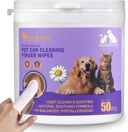 Ear Wipes for Dogs and Cats, Dog Ear Finger Wipes, Gentle Ear Cleaner for Wax, Dirt & Odor, Relieves Discomfort & Soothes Ears, Non-Irritating, 50 Count