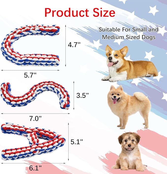 Vehomy 3-Pack Independence Day Dog Cotton Rope Toys - U S A Shape, American Flag Colors, Durable Cotton Rope, Chew & Dental Health, Medium Dogs