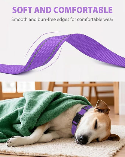Joytale Dog Collars for Medium Dogs, Comfortable Double-Sided Reflective Nylon Collar for Night Safety, Adjustable Quick-Release for Active Pets, Purple, M (1" Width)