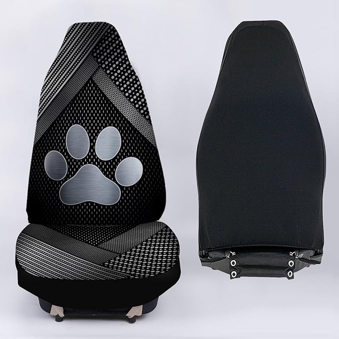Silver Metal Dog Paw Print Car Front Seat Covers Full Set of 2, Waterproof Stretchy Automotive Interior Accessories Universal Fit Most Vehicles