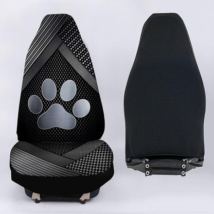 Silver Metal Dog Paw Print Car Front Seat Covers Full Set of 2, Waterproof Stretchy Automotive Interior Accessories Universal Fit Most Vehicles