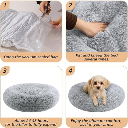 JOLLYVOGUE Calming Dog Beds Large Sized Dog, 36in Donut Washable Large Pet Bed, Anti-Slip & Anti-Anxiety Fluffy Faux Fur Round Dogs Bed, Fits up to 80 lbs Pets (Smoke Grey)