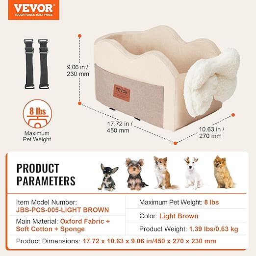 VEVOR Console Dog Car Seat, Center Console Dog Booster Seat for Small Dogs, Pet Bed for Car Armrest with Clip-On Leash, Adjustable Straps, Supports up to 8lbs, Light Brown