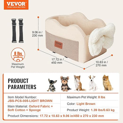 VEVOR Console Dog Car Seat, Center Console Dog Booster Seat for Small Dogs, Pet Bed for Car Armrest with Clip-On Leash, Adjustable Straps, Supports up to 8lbs, Light Brown