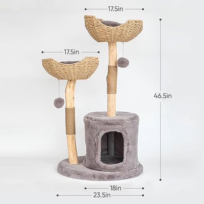 Modern Cat Tree for Indoor Cats Large Adult, 46.5" Tall Wooden Cat Tower for Large Cats with Scratching Post, Luxury Cat Condo, Grey