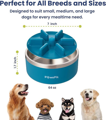 PawsPik 64oz 18/8 Stainless Steel Slow Feeder Dog Bowl, Double-Wall Non-Slip Metal Dog Bowl for Fast Eating Medium & Large Breeds, Detachable Slow Feeder Insert, Dishwasher Safe (Midnight Summit Blue)