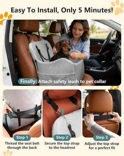 Dog Car Seat for Small/Medium Dogs Up to 35 lbs, 2-in-1 Pet Car Seat with Memory Foam, Machine Washable Dog Bed for Cars, Non-Slip Pet Booster Carseat with Safety Leashes, Storage Pockets (Grey)