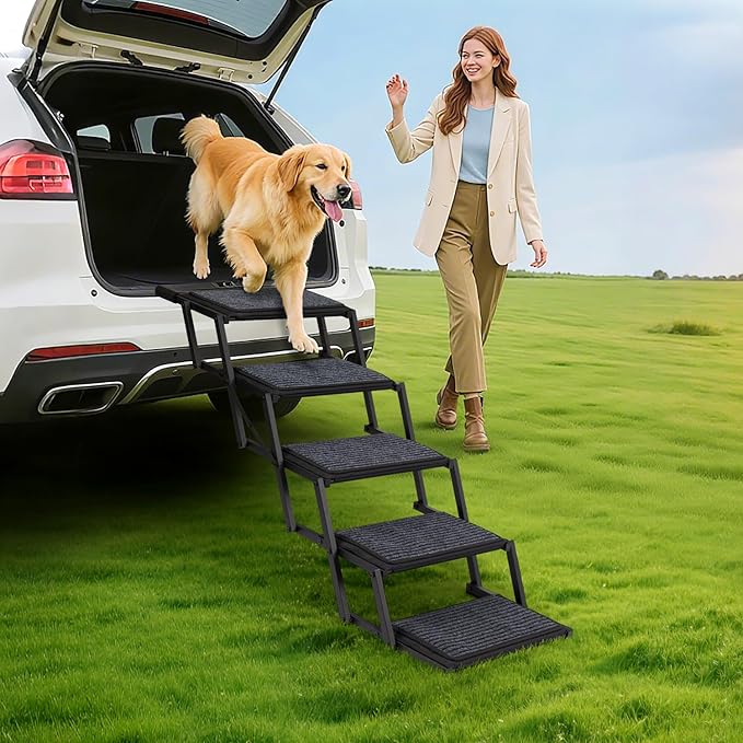 Dog Steps for Car, Truck and SUV - Foldable Pet Stairs for Large Dogs with Non-Slip Rug Surface, Lightweight Dog Ramp Holds Up to 250lbs, 5 Steps (Black Metal Fram, 5 Steps)