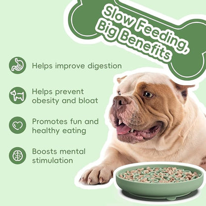 Silicone Slow Feeder Dog Bowl – Green Bone Pattern | Food-Grade Non-Slip Dog Dish for Anti-Bloat, Fast Eating Prevention, 7.5” x 1.5”, Dishwasher Safe