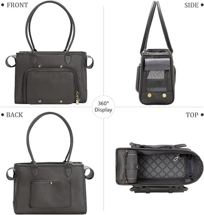 Minsong Fashion Pet Carrier Purse for Small Cat and Dog, Luxury Pu Soft-Sided Tote Bag with Large Pockets for Dogs and Puppies (Black, 13.6" L x 6" W x 10.0" H)