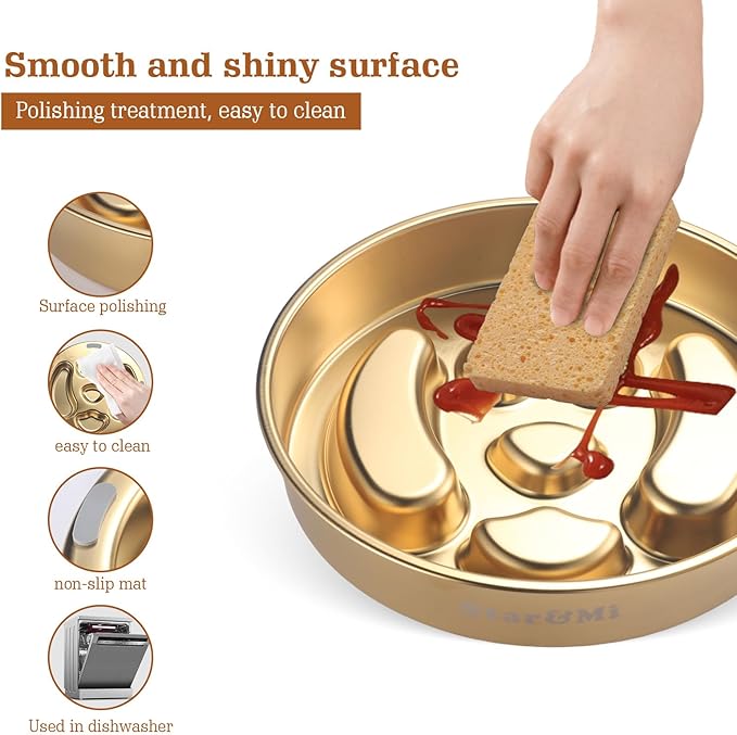 Golden Stainless Steel Slow Feeder Dog Bowls – Non-Slip Metal Dog Bowl for Large & Medium Breeds, Puppy Puzzle Feeder – 2 Cup for Small to Big Pets – Durable Slow Feed Dog & Cat Food Dish with Mat