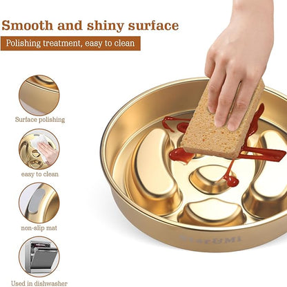 Golden Stainless Steel Slow Feeder Dog Bowls – Non-Slip Metal Dog Bowl for Large & Medium Breeds, Puppy Puzzle Feeder – 2 Cup for Small to Big Pets – Durable Slow Feed Dog & Cat Food Dish with Mat